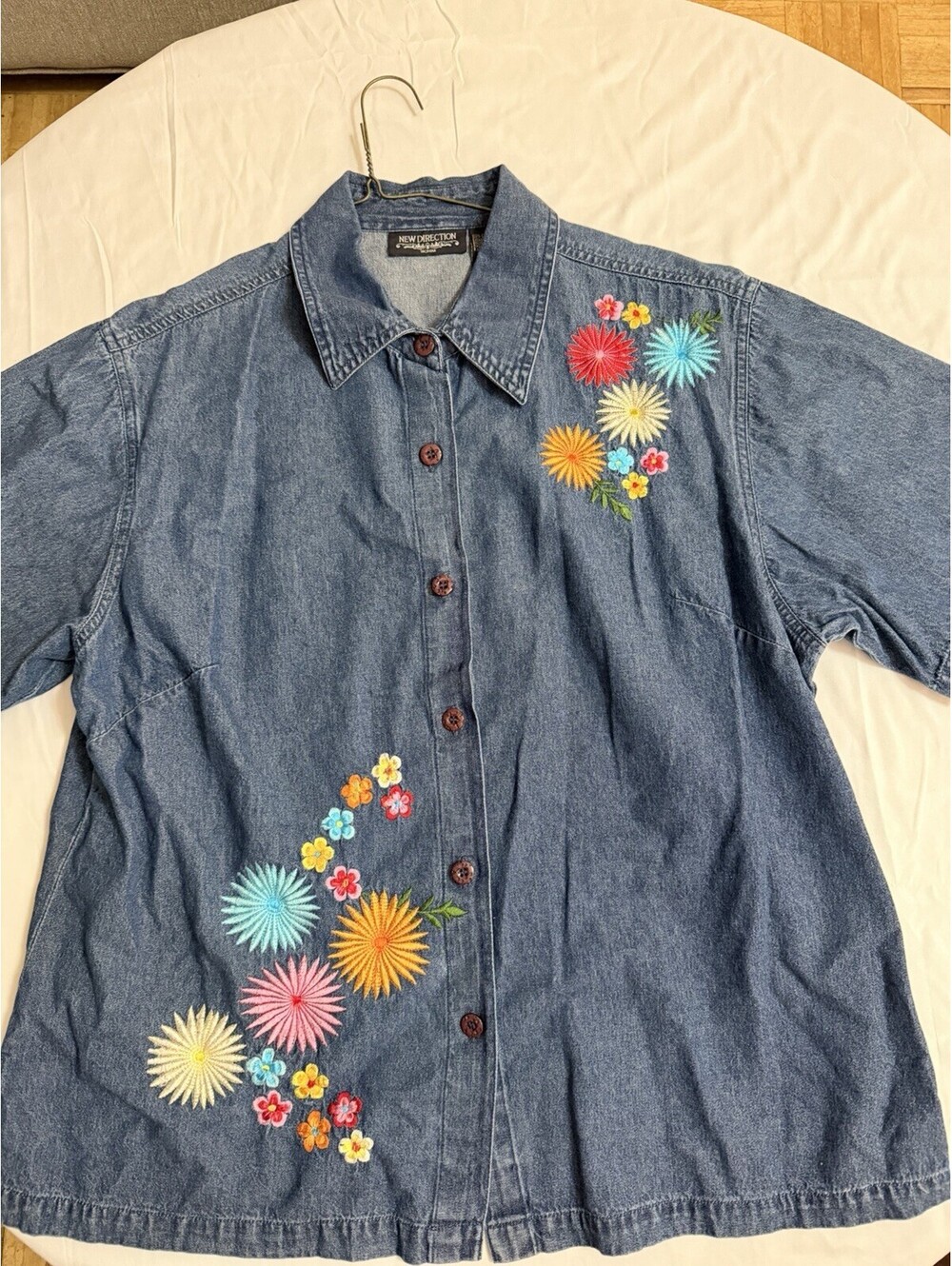 Vintage New Direction Women's 2X Blue Denim Button-Up Shirt Embroidered Cotton